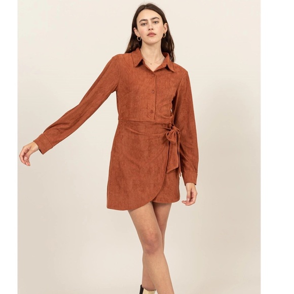 Vegan Rust Suede Wrap Tie Front Mini Dress - Picture 3 of 12